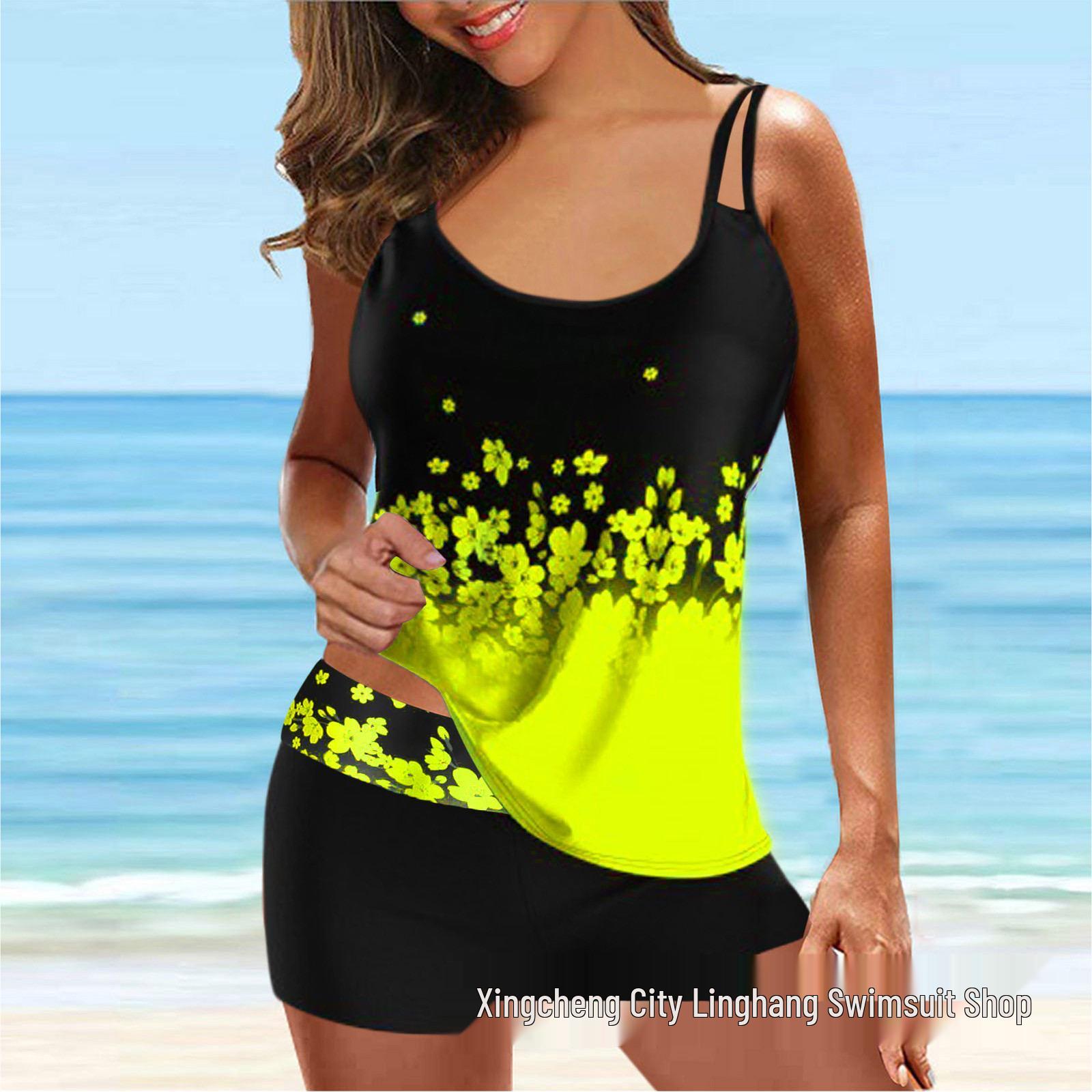 

Европейская и американская мода Сексуальный купальник бикини с принтом и разрезом на талии для женщин L жёлтый