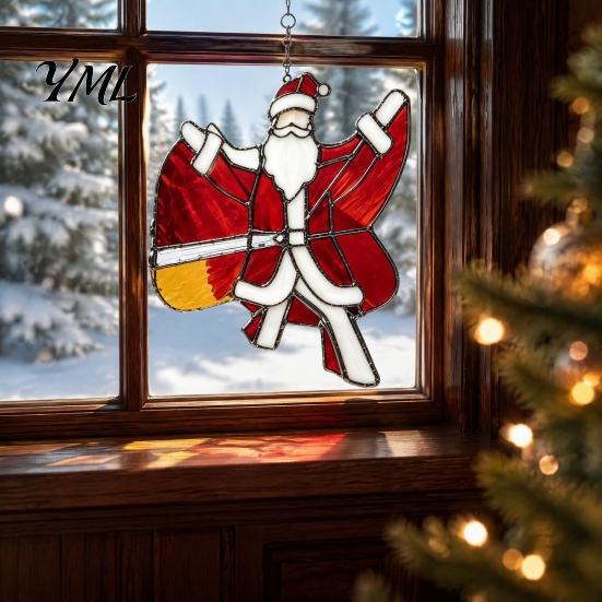 Christmas Tree Decor Snowman/Santa Claus/Deer Suncatcher, Stained Glass Style Pendant with Hanging Acrylic Chain, 2D Flat Ornament for Garden