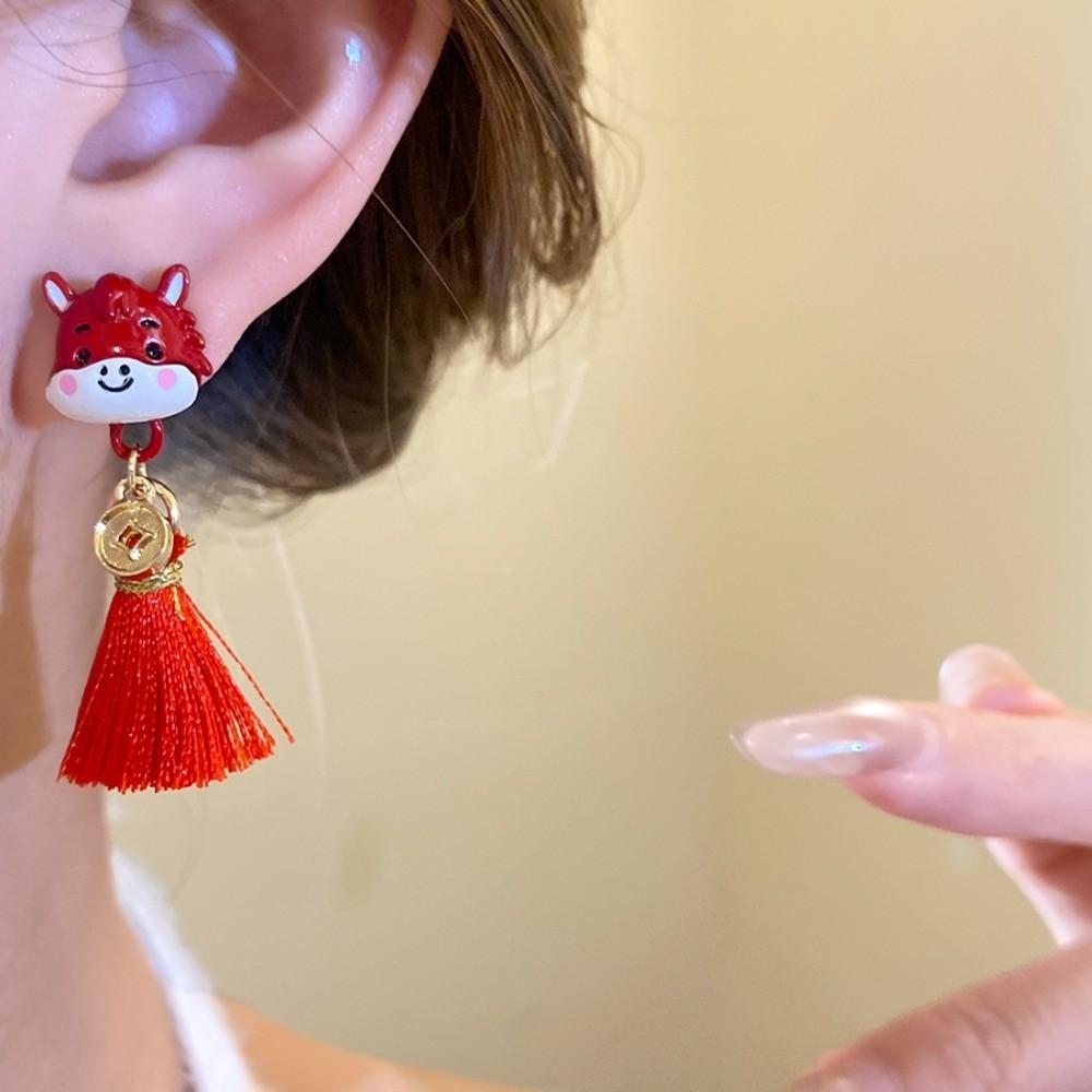 Cartoon Horse New Year Horse Earrings Flocking Horse Mascot Drop Earrings Red Pony Earrings Party