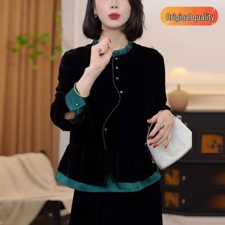 2026 Spring Color Block Velvet Long Sleeve Top - Elegant & Versatile 4XL (135-150 jin) зелёный