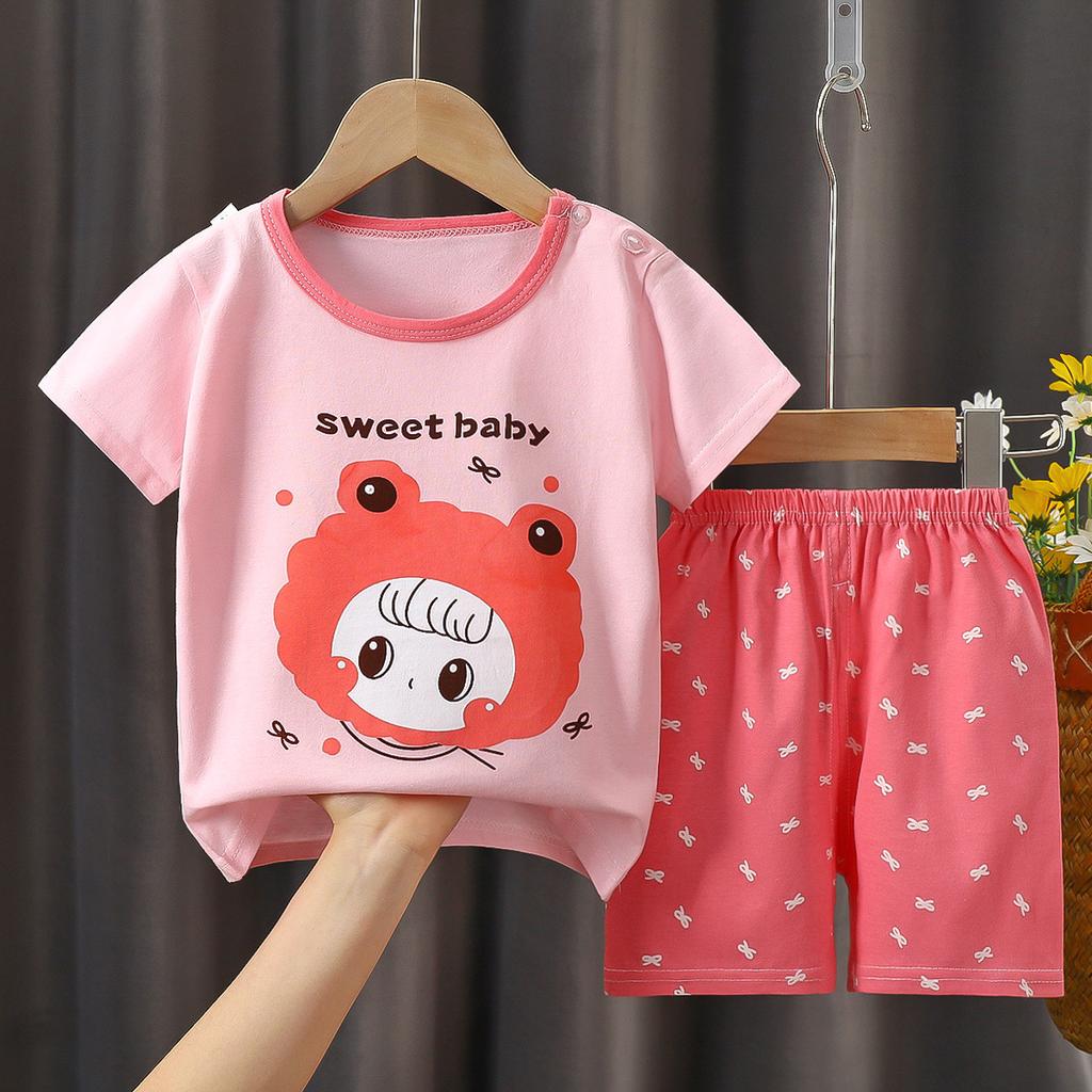 Kids Cotton Short Sleeve 2Pcs Set, Summer Shoulder Snap T-shirt & Shorts for Toddler Boys Girls