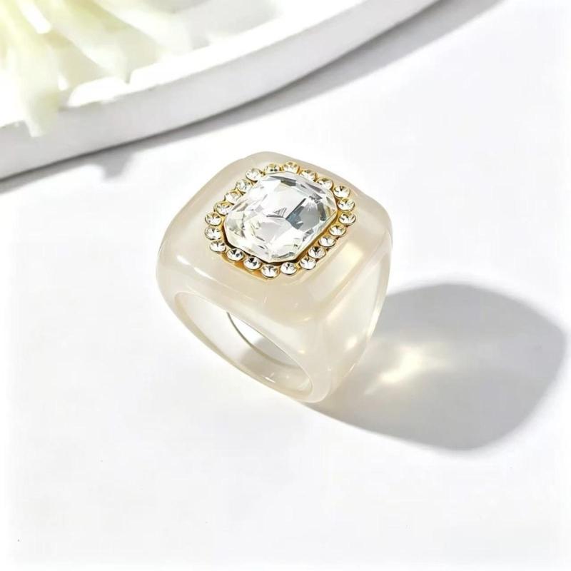 See-Through Resin Fashion Ring with Bold Square Profile, Raised Faceted Centerpiece and Accent Border for Outfit Styling