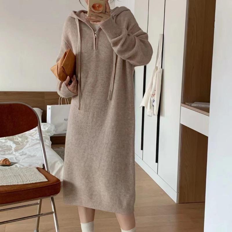 Hooded zipper sweater skirt women's autumn and winter new loose lazy casual thick knitted dress