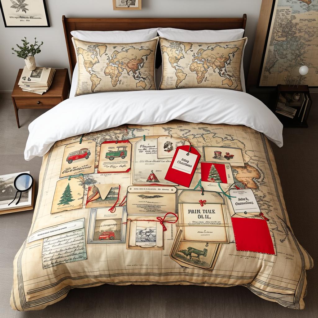 3Pcs Vintage Travel Christmas Bedding Set Polyester Adventure Map Print Duvet Cover Queen Size for Adult Bedroom Unique Retro Ho