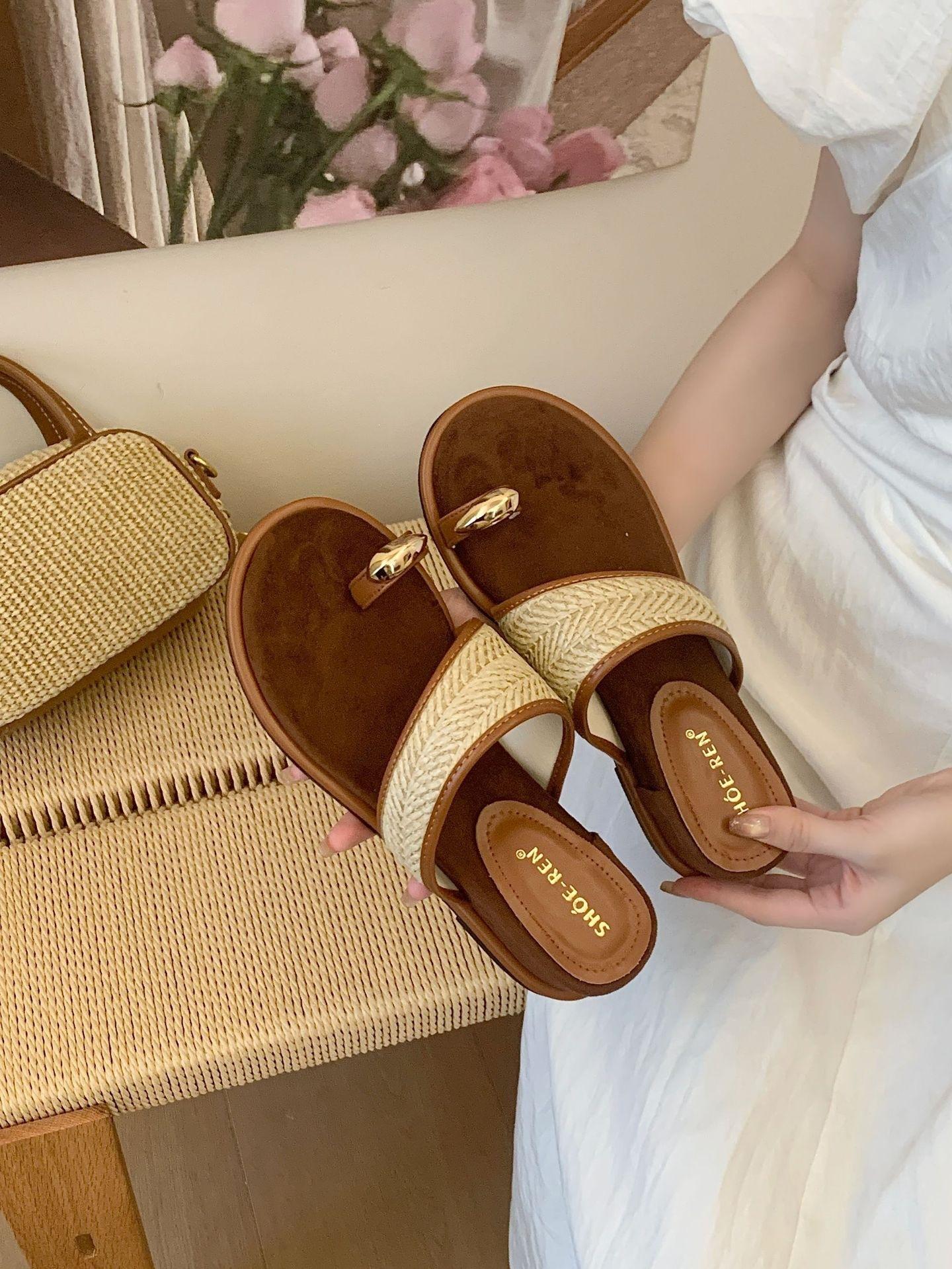 [Tax Not Included] Retro Casual Toe Mop Woven Linen Cover Toe Mop Fashionable Round Head Slope And Cool Slippers For Outside Wear 35 коричневый