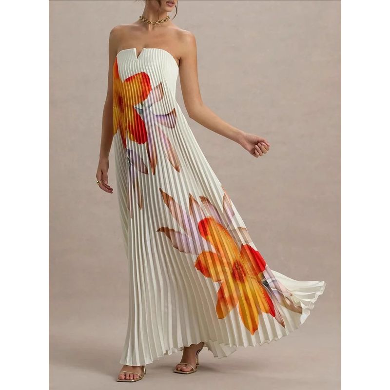 Fashion Export Print Tube Top Loose Heavy Industry Pleated Long Vacation Photo Maxi Dress Female