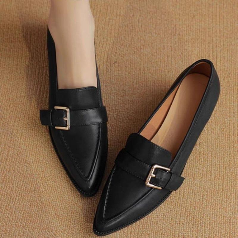 

Fashion 2025 New Vintage Thick Heels Women Pumps Retro Buckle Genuine Mature Pointed Toe Office Lady Working Spring Summer Shoes Woman 35 чёрный