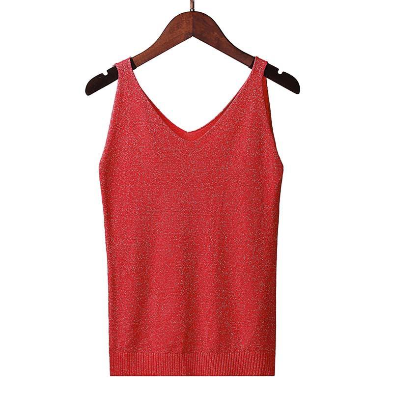 Women Summer Sexy Slim V-Neck Bright Silk Knitted Sleeveless Vest Top T-Shirt Basic Trend