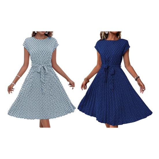 Damska sukienka midi w kwiatowy wzór, codzienna, z okrągłym dekoltem, z krótkim rękawem, rozkloszowana, z paskiem, letnia, plażowa, plisowana sukienka letnia