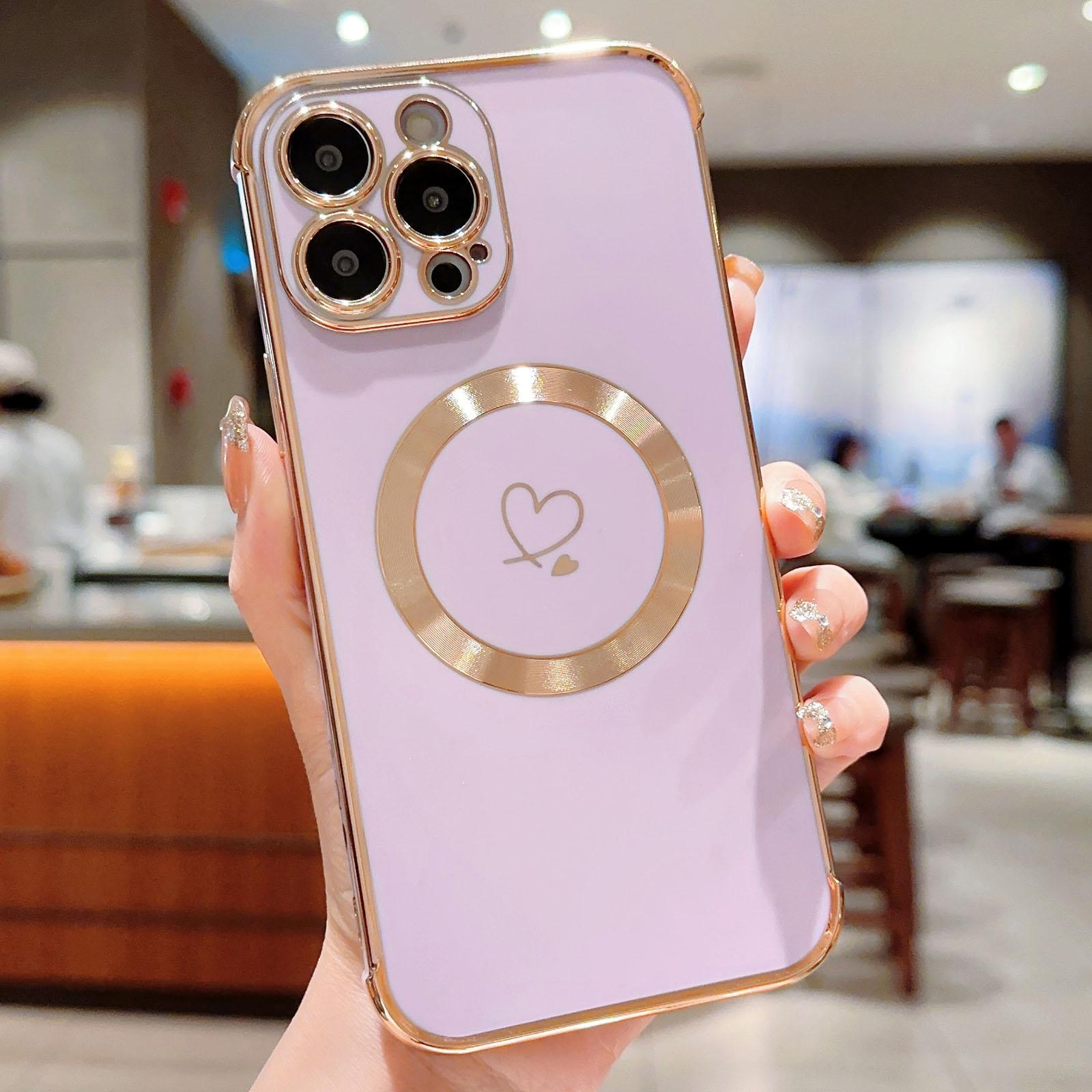 

For iPhone 14 Pro Case Compatible with MagSafe Electroplated TPU Phone Cover Hollow Love Hearts Lavender Purple