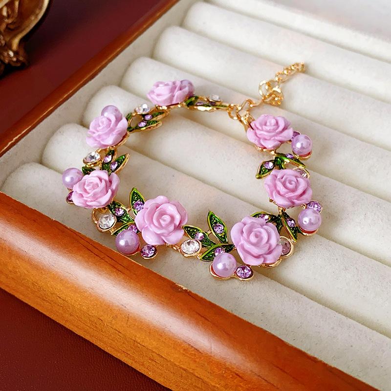 GemChic Women's Sweet Floral Rose Pearl Necklace and Bracelet Set Rhinestone Leaf Collarbone Chain Fashion Jewelry for Party Wedding