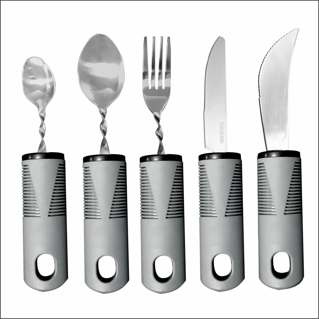 Stainless Steel Adaptive Foldable Utensil Set with Anti-Shake Rubber-Plastic Handle for Elderly Rehabilitation (Knife, Fork, Spoon)