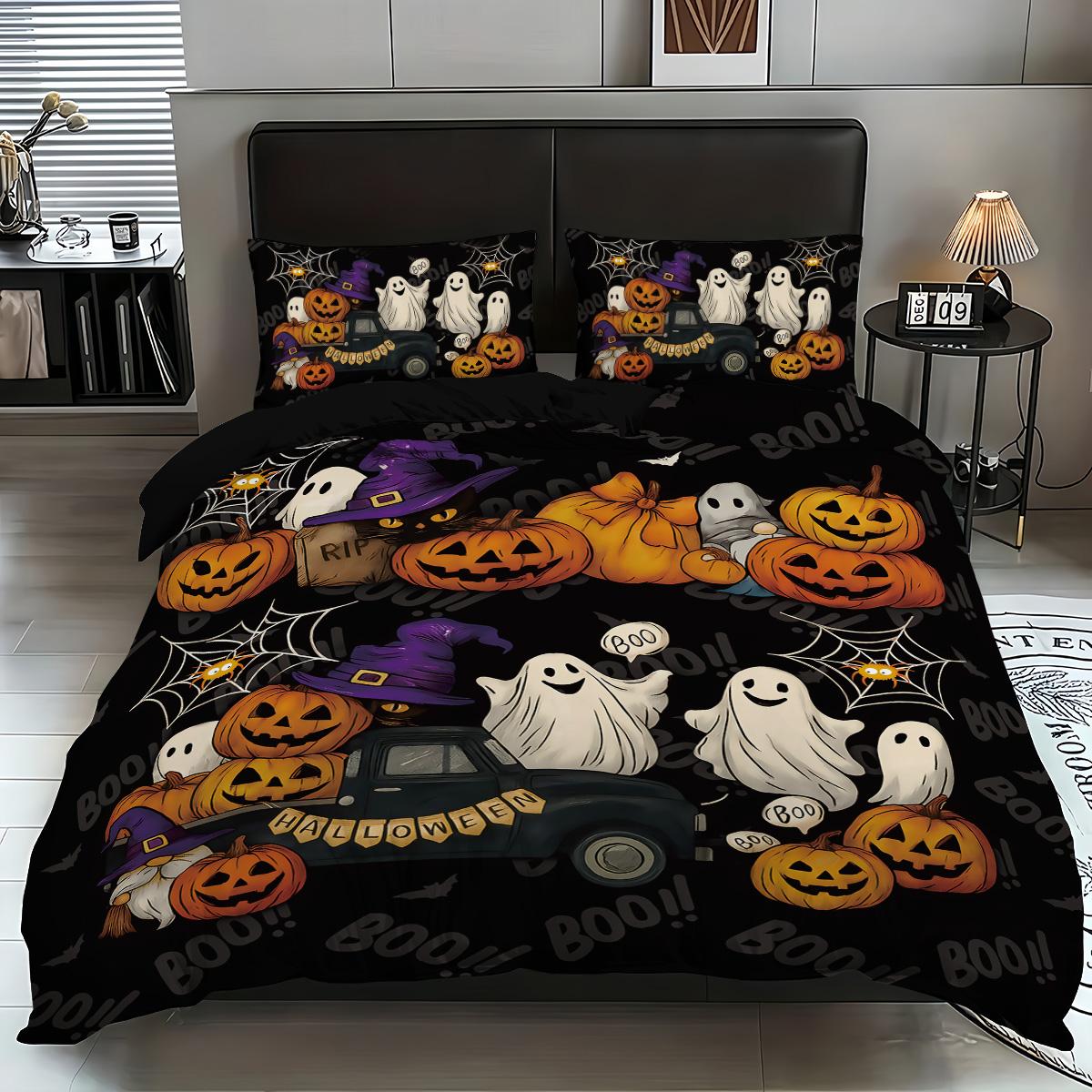 

3 Halloween cartoon ghost printed down duvet covers, 1 down duvet cover+2 pillowcases, no core. Soft and comfortable bedding set 135x200cm-EU-Single&set