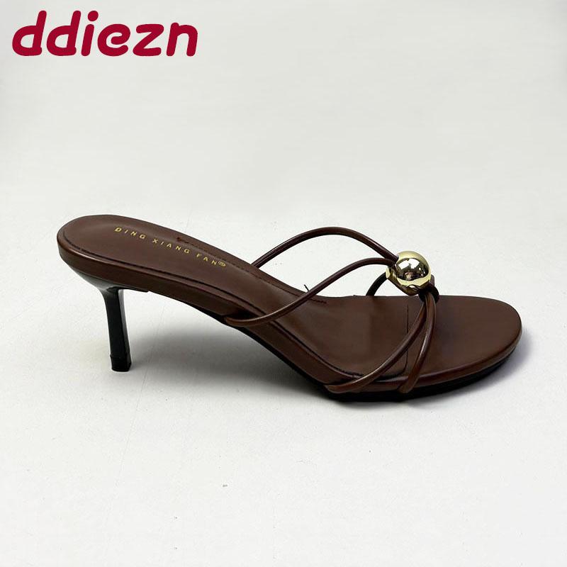 Fashion 2025 New Fashion Metal Women Thin Heels Sandals Shoes Female Round Toe Footwear Ladies Medium Heels Sandals Slides Pumps Shoes