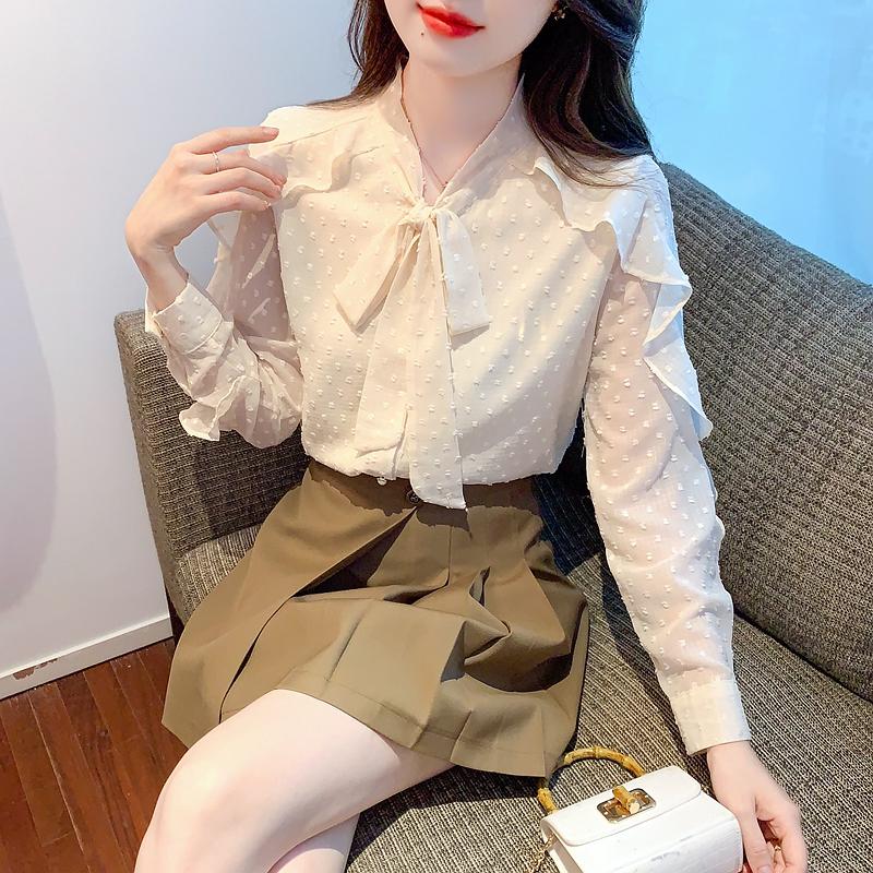 Frühlingsmode Französische Frauen Freizeithemden Langarm Rüschen Polka Dot Bow Bluse