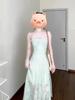 Women's 2025 French Mint Green Cinched-Waist Spaghetti Strap Dress – Summer & Spring Seaside Vacation Style