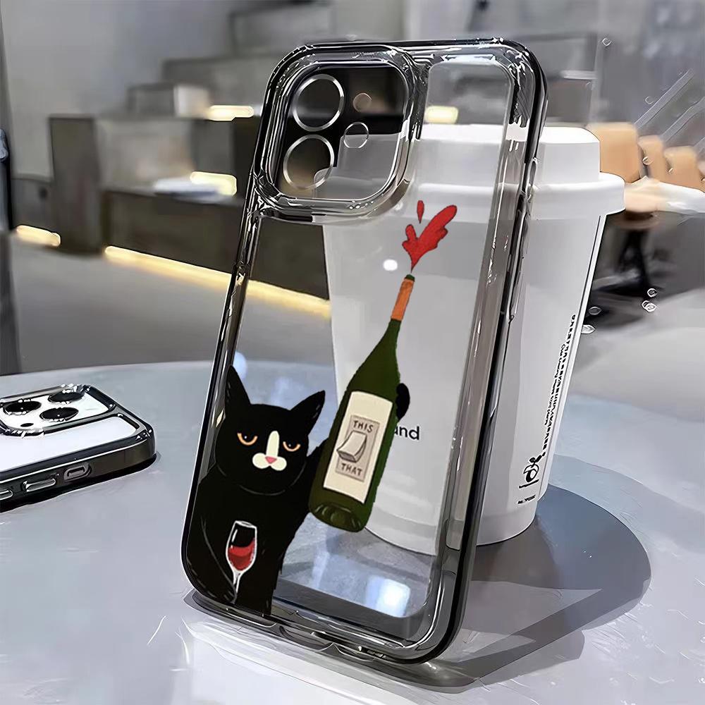 Süße Schwarze Katze Weinflasche Druck Handyhülle für iPhone 17 16 15 14 13 12 11 16E Serie Pro Max Plus Doppelschichtiger Schutz