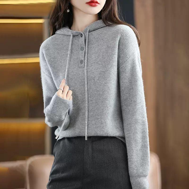 Autumn and Winter Women's Hooded Sweater Knitted Sweater Pullover Sweater Loose Fitting Hooded Base Sweater