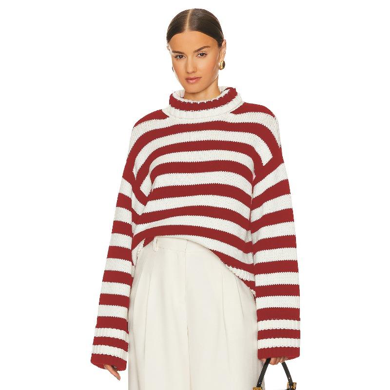Comfortable Versatile Fashion High Neck Knitted Sweater Female Fall and Winter Loose Striped Long-sleeved Knit Sweater Sweater Coat Female