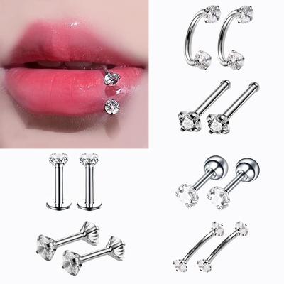 12-Piece Stainless Steel Zircon Lip Studs & Nose Rings Set - Colorful Piercing Jewelry