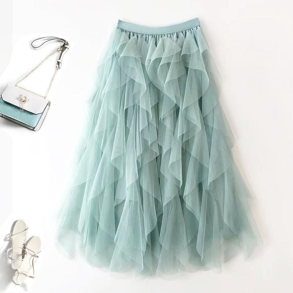 Nepravidelná A-liniová síťovaná sukně s vysokým pasem Jarní Nová volánová dortová sukně Bustier Sukně Sárí Dámská nadýchaná sukně