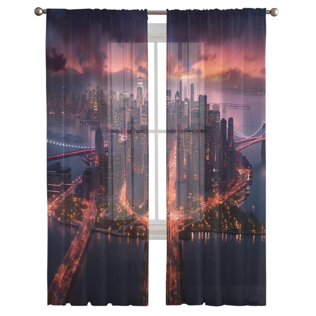 Street City Sky Gradient High Building Voile Sheer Curtains Living Room Window Tulle Curtain Kitchen Bedroom Drapes Home Decor