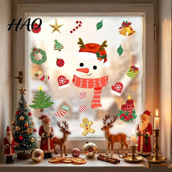 Holiday Glass Stickers Christmas Window Clings, Cartoon Antlers Snowman Wall Stickers, Waterproof PVC Clings Decorative Decals for Home Windows