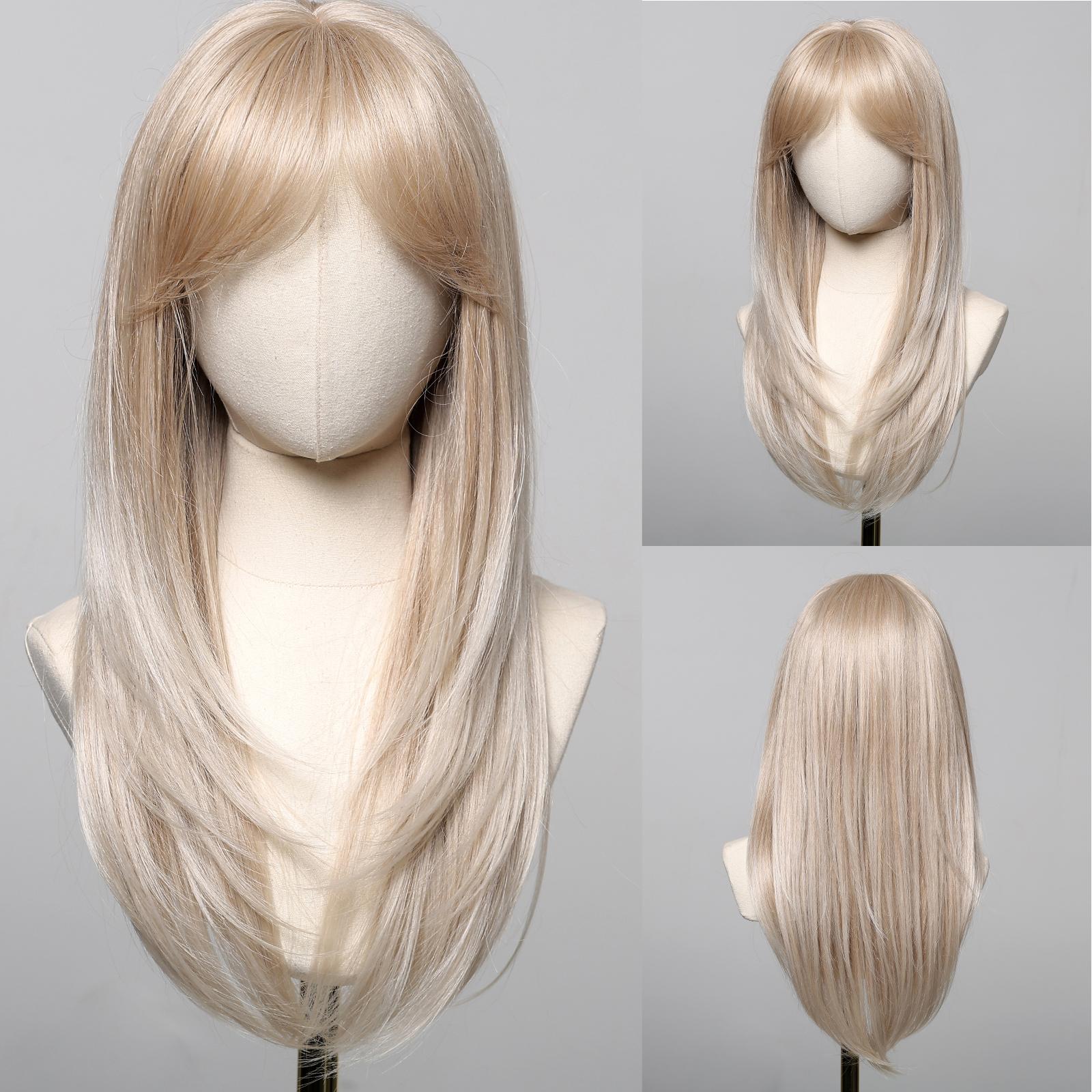 Licht wijnrode synthetische pruik met pony voor vrouwen, lange, steile pruik, natuurlijke pruik voor cosplay, feestjes en hittebestendige pruik.