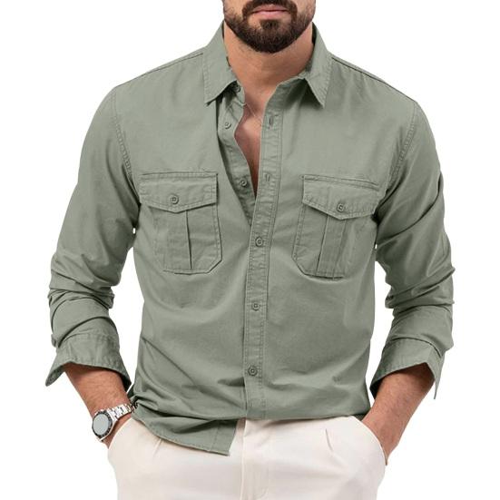 Fall Spring Men Shirt Retro Single-breasted Lapel Long Sleeves Cardigan Chest Pockets Buttons Washed Solid Color