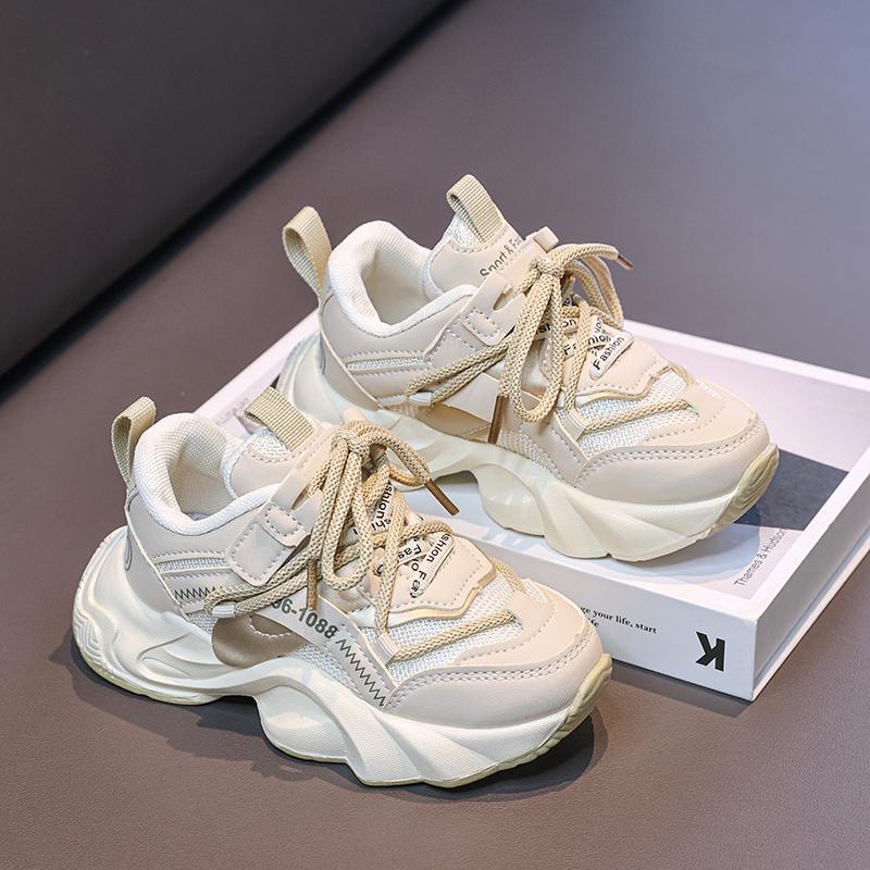 

Students Running Shoes Mesh Breathable Kids Sneakers Thick Soft Sole 2025 New Fashion Children Sports Shoes Handsome Trendy 26 бежевый