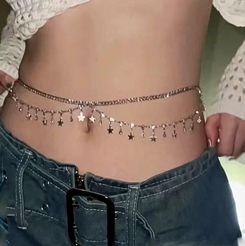 

Блестящая цепочка на живот и талию с многослойными кисточками в виде звезд из страз для женщин, сексуальный пояс со звездой и крестом, эстетичный летний пляжный боди из циркона