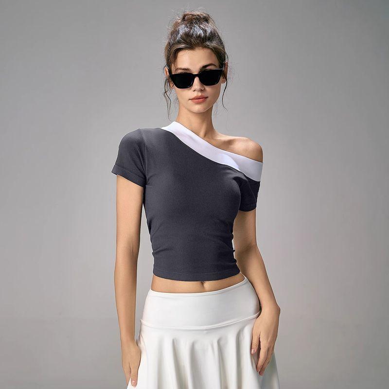 

Mitaogirl Kendall Short-Sleeved T-shirt Women s Shoulder Sports Tops Contrast Color Running Fitness Clothes Breathable Yoga Clothes Dark gray S