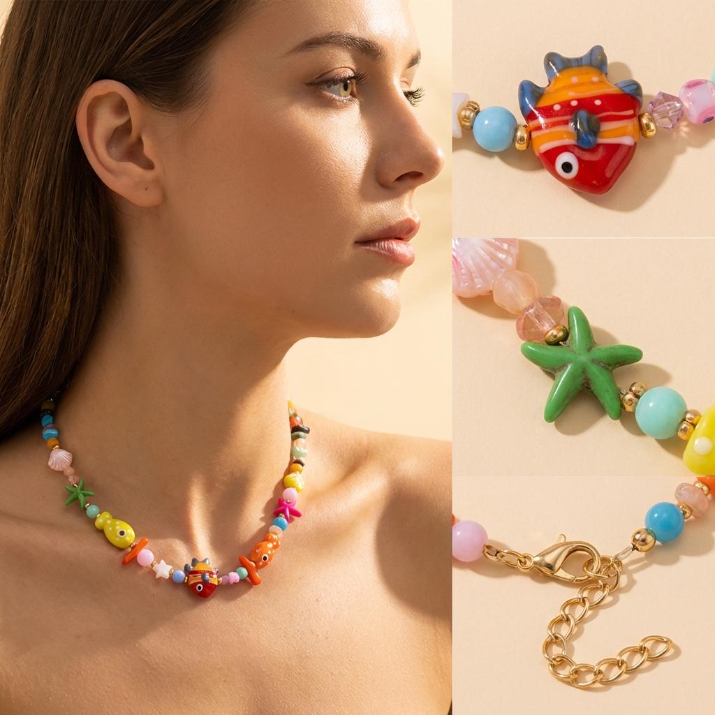 Bohemia Colorful Ceramic Clown Fish Beaded Necklaces for Women Handmade Irregular Gravel Chain Choker Necklace Summer Jewelry