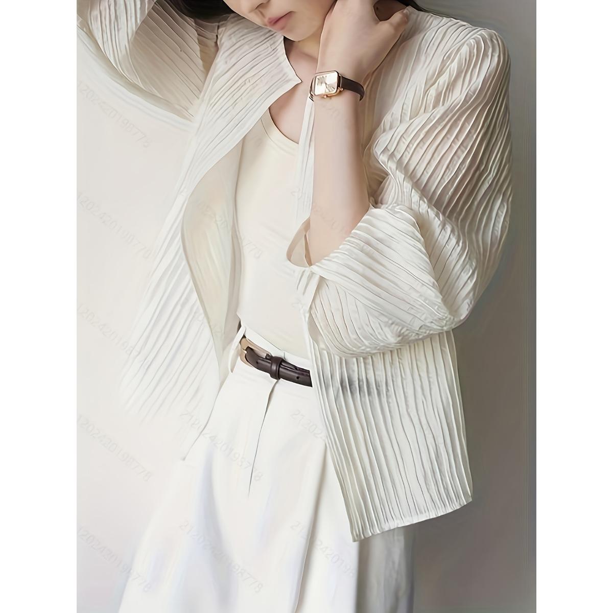 

Женская элегантная плиссированная рубашка с вертикальной полоской и рукавом до локтя - Легкий топ для поездок на работу S белый
