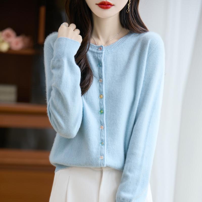 Women's Luxury Pure Wool Cardigan - Thick, Round Neck, Crystal Buttons, Autumn/Winter Style