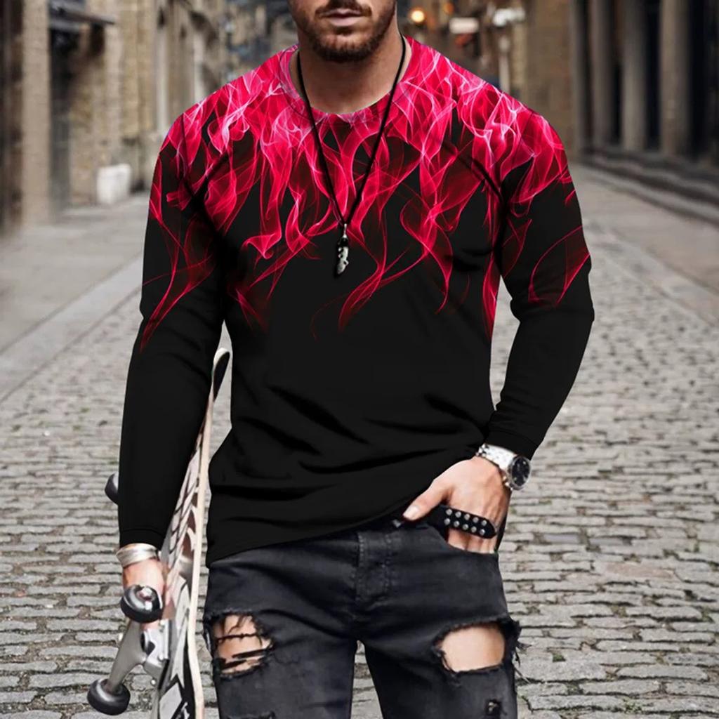 Fashion Long Sleeve T-shirt For Men 3d Fire Print O Neck Tops Hip Hop Cotton T Shirt Oversized Tee Shirt Man Clothing Streetwear