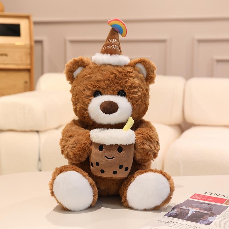 Cute Birthday Hat Bear Plush Toy Stuffed Animals Hug Milk Tea Teddy Bear Soft Doll Cute Birthday Christmas Gifts For Boy Girl