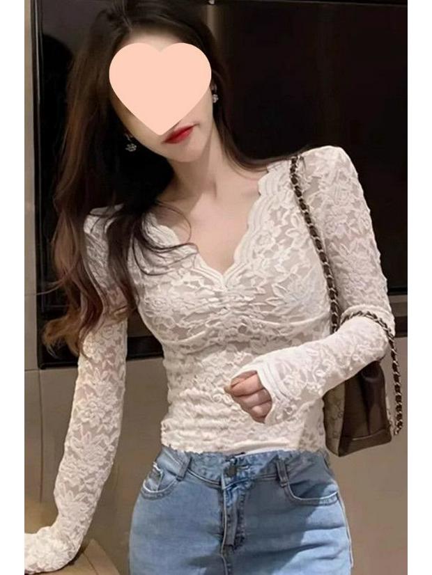 Women's Long-Sleeve V-Neck Lace Base Layer - Fleece-Lined/Unlined Autumn & Winter Sexy Hollow Fashion Top