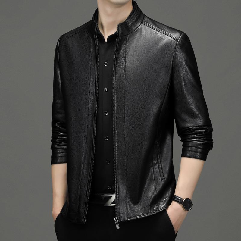 Leather jacket men's spring and autumn middle-aged and elderly men's genuine leather jacket short stand-up collar sheepskin dad leather jacket