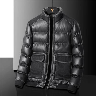 Winter Men's Thick Cotton Jacket with Slim Fit Stand Up Collar Splicing PU Leather Large Pocket for Men's Warmth