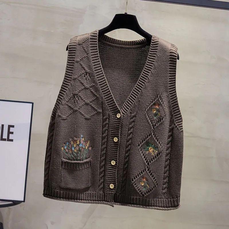 Women's Autumn and Winter Knitted Hollow-Out Embroidered Vest Cardigan Loose Versatile Cardigan Gilet Artistic Retro Style