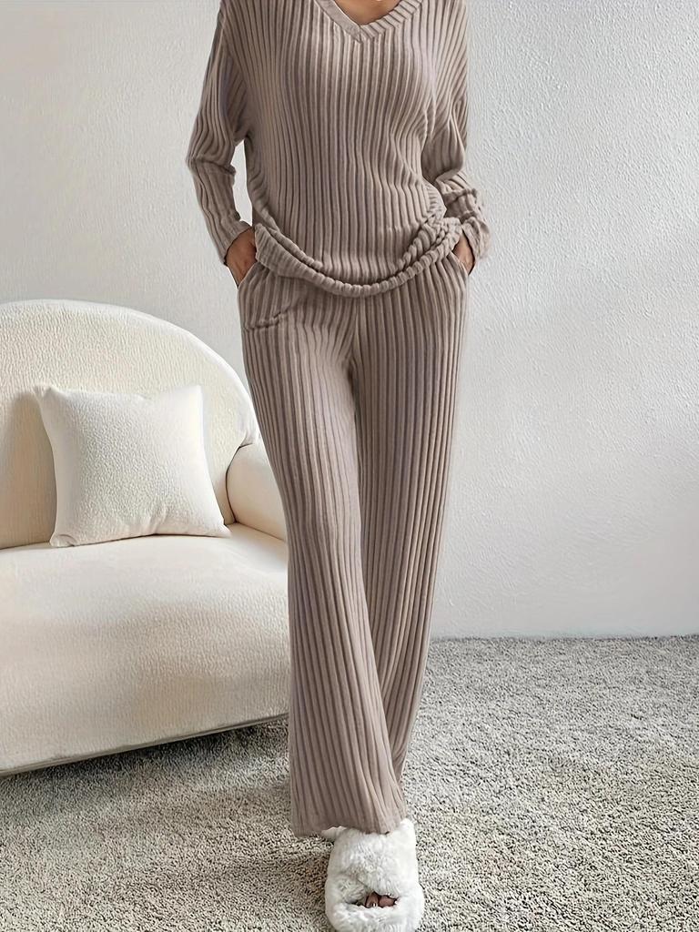 Large Ribbed V-neck Long Sleeve Women's Pant Suit Casual Two-Piece Set - 2025 Autumn/Winter Collection
