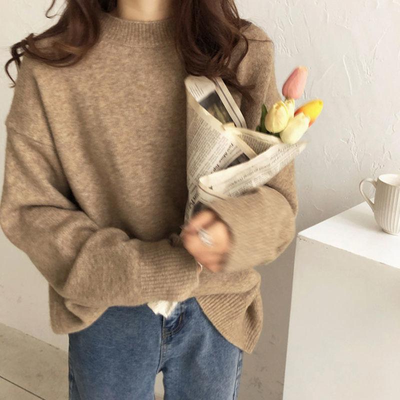Crew neck sweater women's outerwear college knitted sweater pullover fattened to increase the lazy style top with coat base
