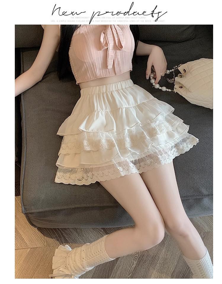 2026 Spring Women's High-Waisted Mesh Lace Trim Short Skirt with Anti-Exposure Design