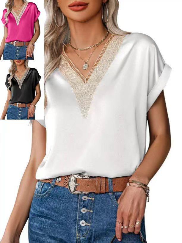 Elegant Lace Patchwork Satin V-neck Women's T-shirt - Solid Color Fashion 2026