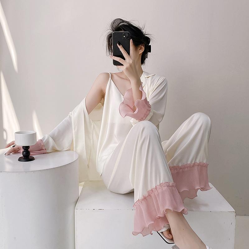 1011 New Sweet Wind Ice Silk Women's Pajamas Ruffle Edge High-end Ice and Snow Silk Long-sleeved Loungewear Set