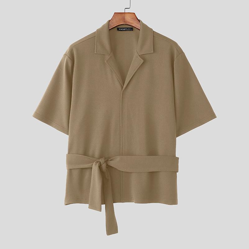 INCERUN Men Casual O Neck Short Sleeve Front Cross Lace-up T-Shirts Tops