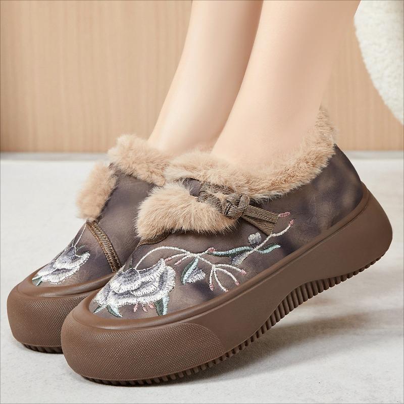 Women Winter Ethnic Style Furry Slip On Cotton Shoes, Thick Fleece Lined Outdoor Snow Boots