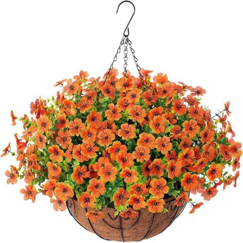 Artificial Violet Flower Hanging Basket With Iron Frame Coconut Fiber Liner Outdoor Garden Decor