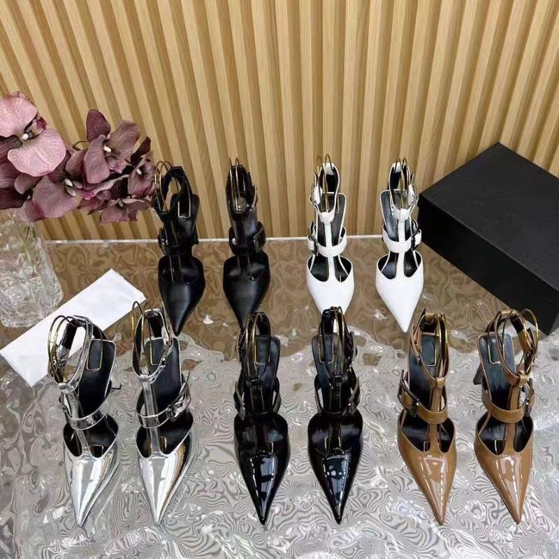 Fashion New Metal Decorative Belt Buckle Pointed Flat Heel High-heeled Shoes European American Fashion Spicy Girl Party Women Sandals